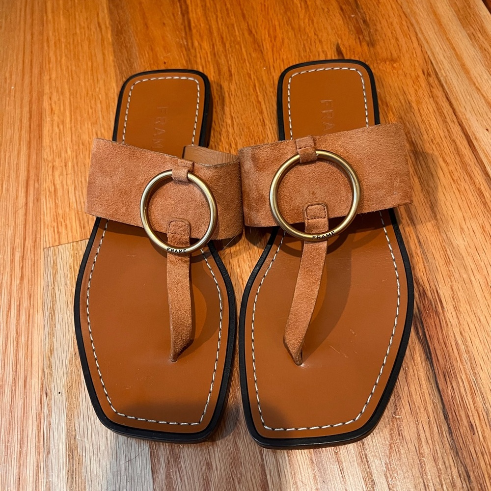 Frame Tan Suede Sandals with Gold Ring